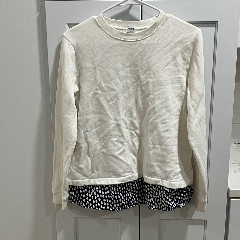 J. Crew Women's White Navy Polka Dot Print Accent Trim Crew Neck Sweatshirt Top
